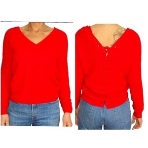 Cloth Lace Up Back V Neck Sweater Size X Small Red Ribbed Knit